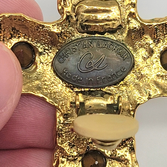 Christian LaCroix Textured Gold Cross Statement Earrings with Swarovski Crystals - Picture 11 of 12